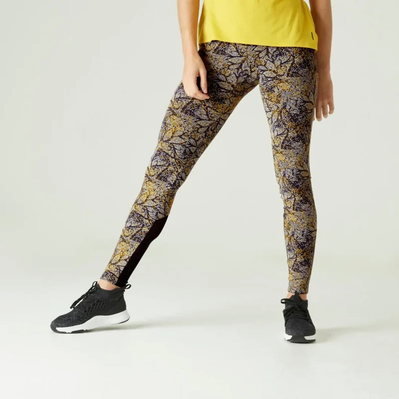 high waisted cotton fitness leggings yellow mesh print